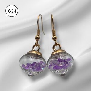 Glass Globe Purple Crystal Earrings – Clear Orb Dangle Earrings with Gold Hook